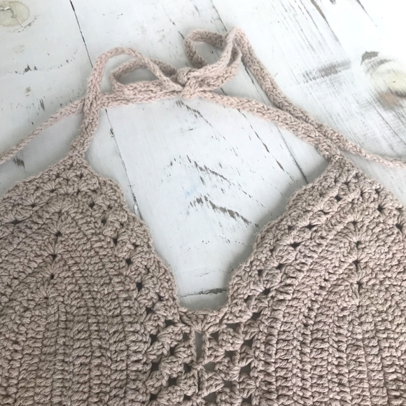 Beige Crochet Halter Top Backless Bikini Style Handmade in Women's Small/Medium - Picture 4 of 8